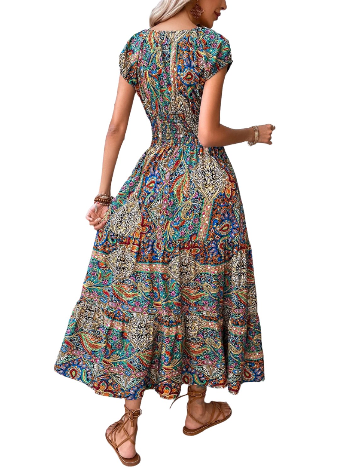 Smocked Printed Cap Sleeve Midi Dress