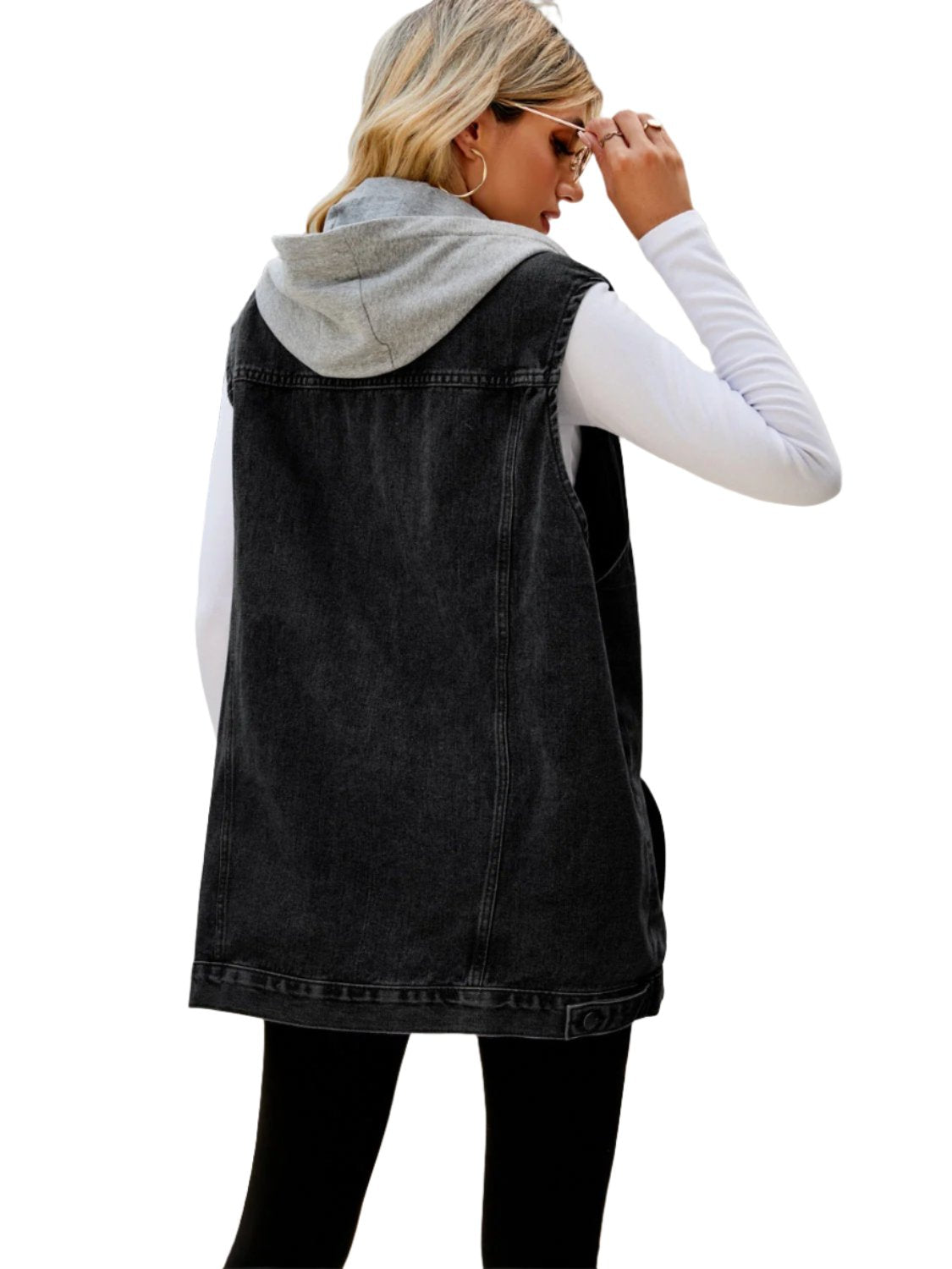 Drawstring Pocketed Button Up Sleeveless Denim Jacket