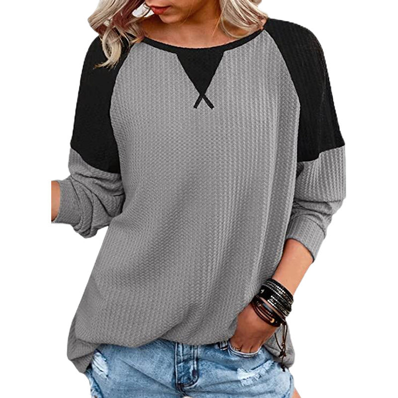 Waffle Stitched Crew Raglan Sleeve Blouse