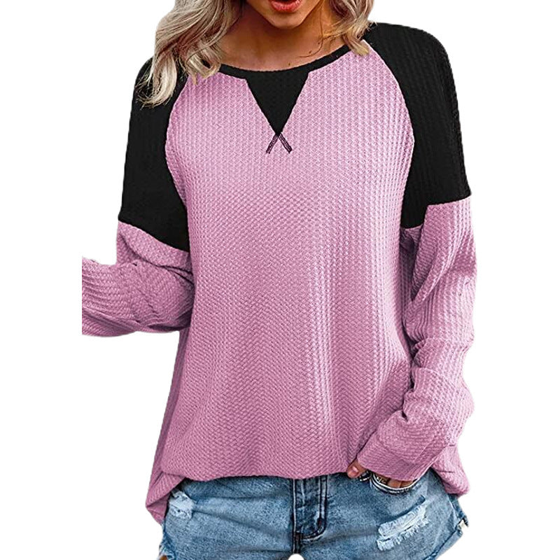 Waffle Stitched Crew Raglan Sleeve Blouse