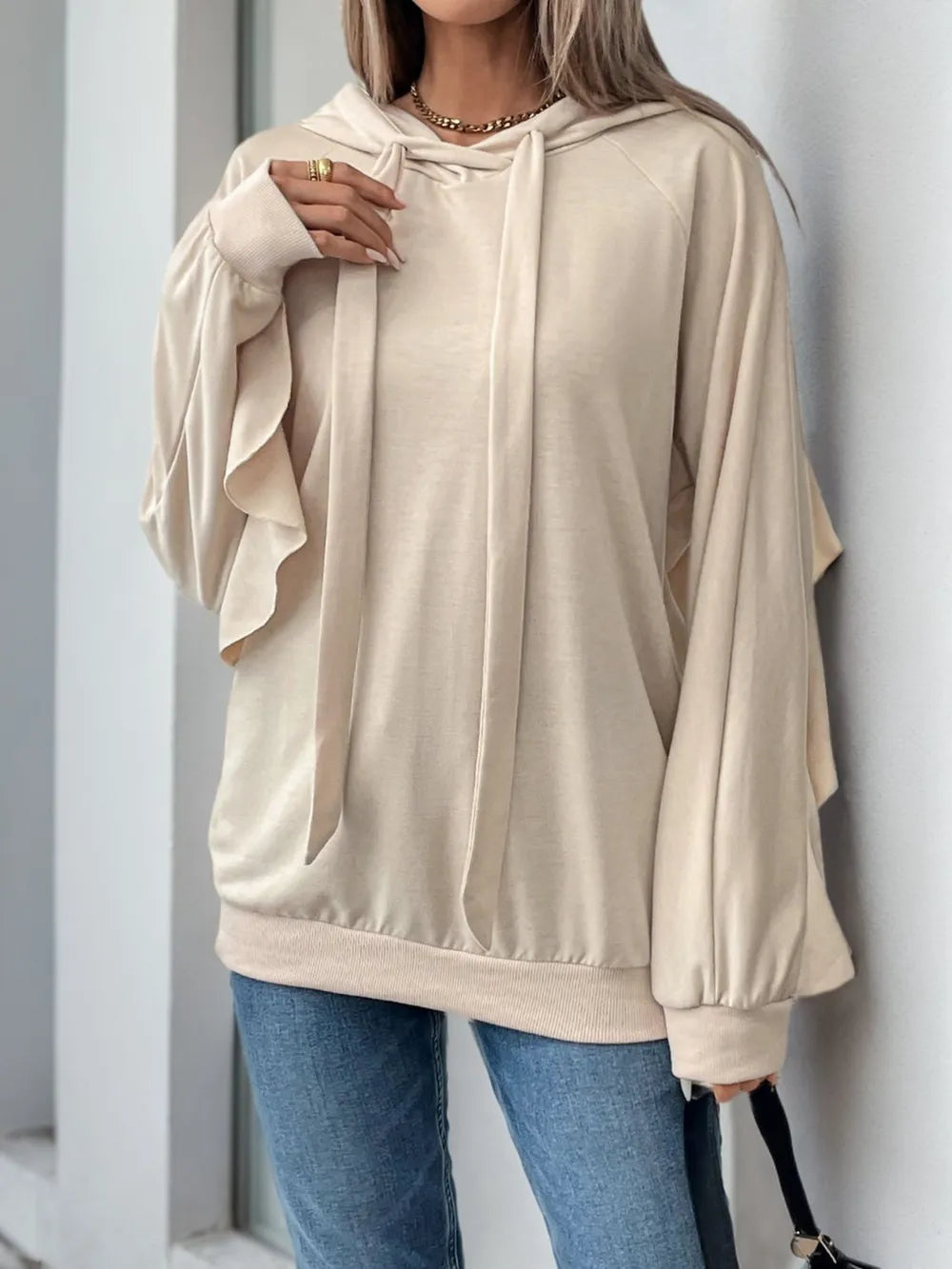 Ruffled Sleeve Hoodie Blouse