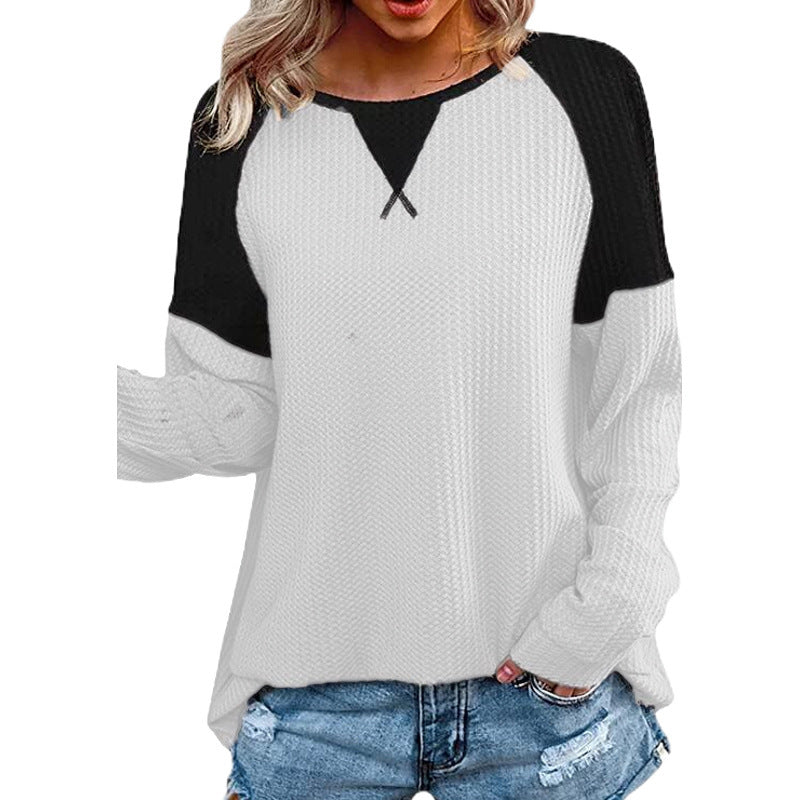 Waffle Stitched Crew Raglan Sleeve Blouse