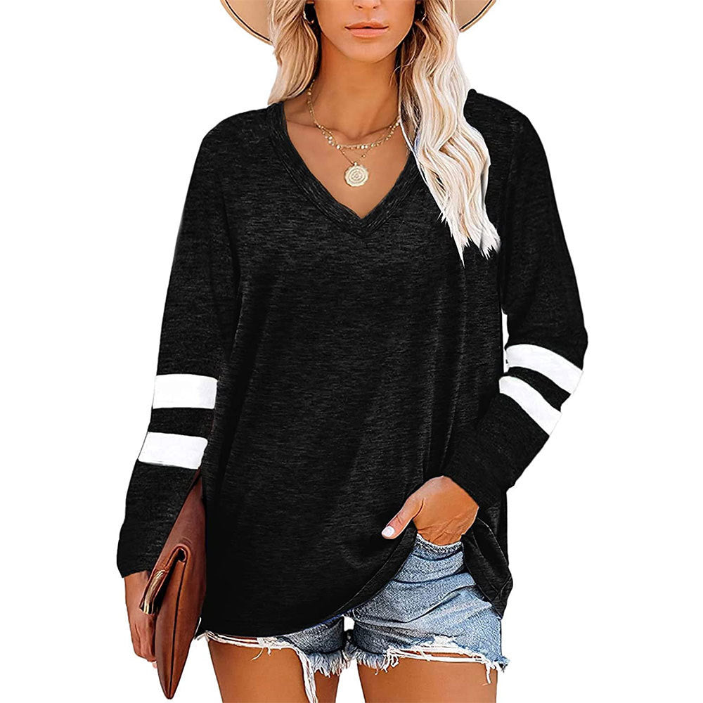 V-Neck Striped Long Sleeved Loose T-Shirt