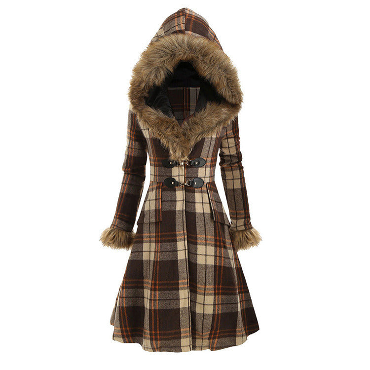 Women's hooded faux fur slim-fit plaid woolen mid-length coat