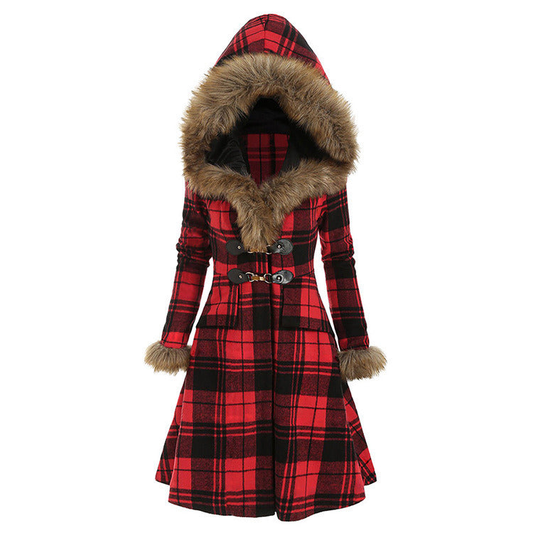 Women's hooded faux fur slim-fit plaid woolen mid-length coat