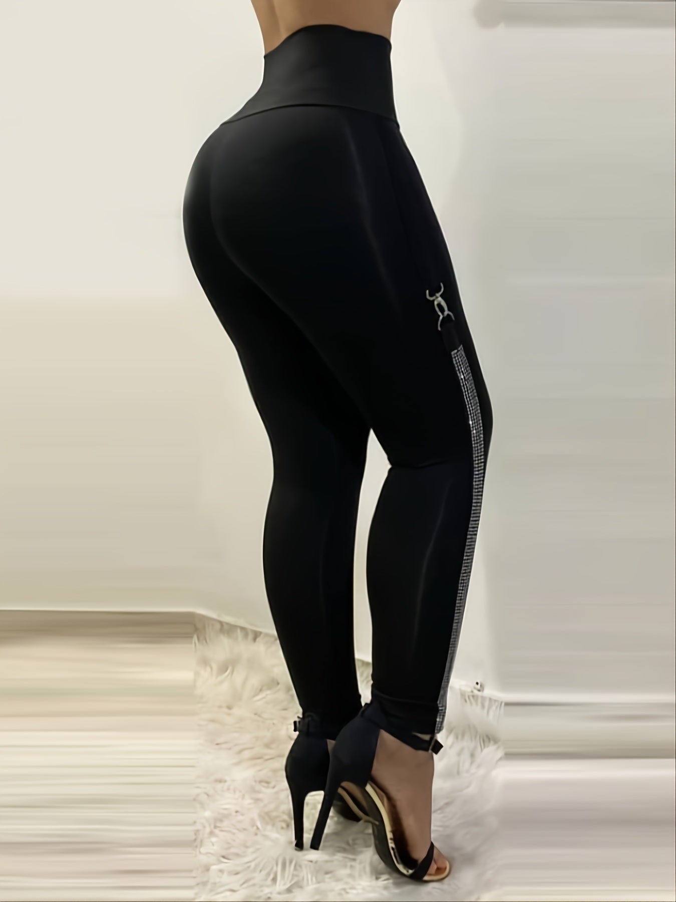 Plus Size Rhinestone Decor High Waist Skinny Pants; Women's Plus Sexy Medium Stretch Solid Skinny Pants