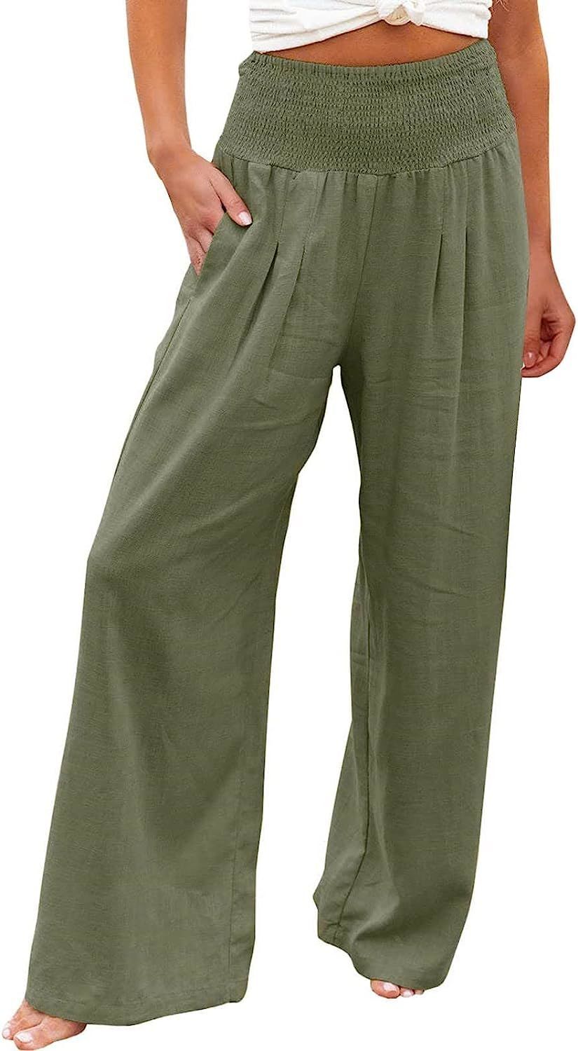 TUNUSKAT Womens Cotton Linen Wide Leg Pants Summer Casual High Waisted Palazzo Pants Baggy Lounge beach Trousers with Pocket