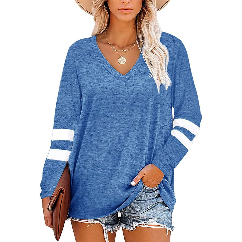 V-Neck Striped Long Sleeved Loose T-Shirt