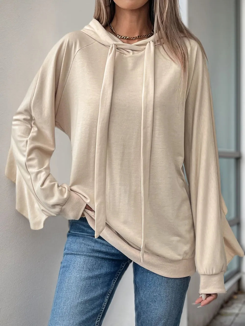 Ruffled Sleeve Hoodie Blouse