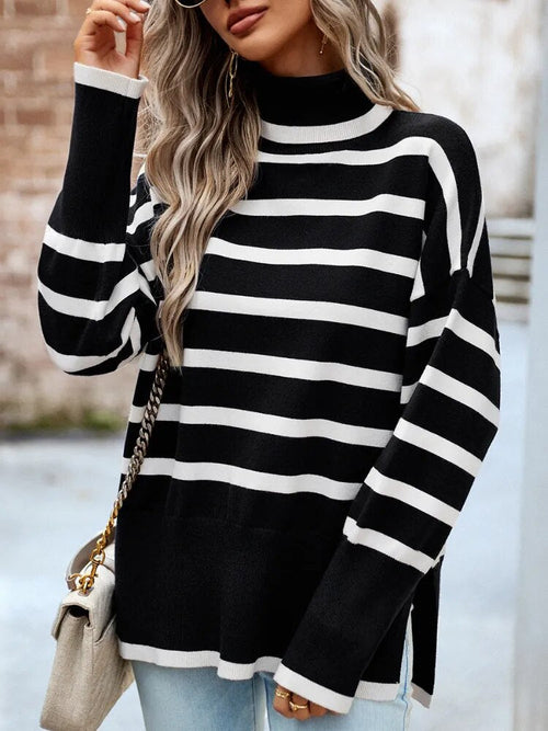 Knitted Pullover Winter Turtleneck Spliced Stripe Long Sleeve