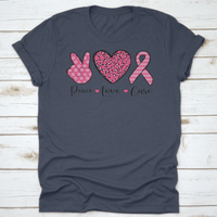 Peace Love Cure Heart And Pink Ribbon Illustration Design T-Shirt Turquoise Theseus
