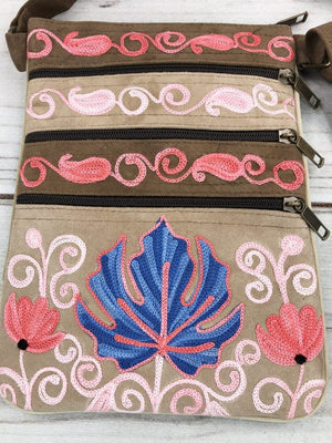 Suede Embroidered Taupe and Blue Five Zipper Crossbody Bag Rose Poseidon