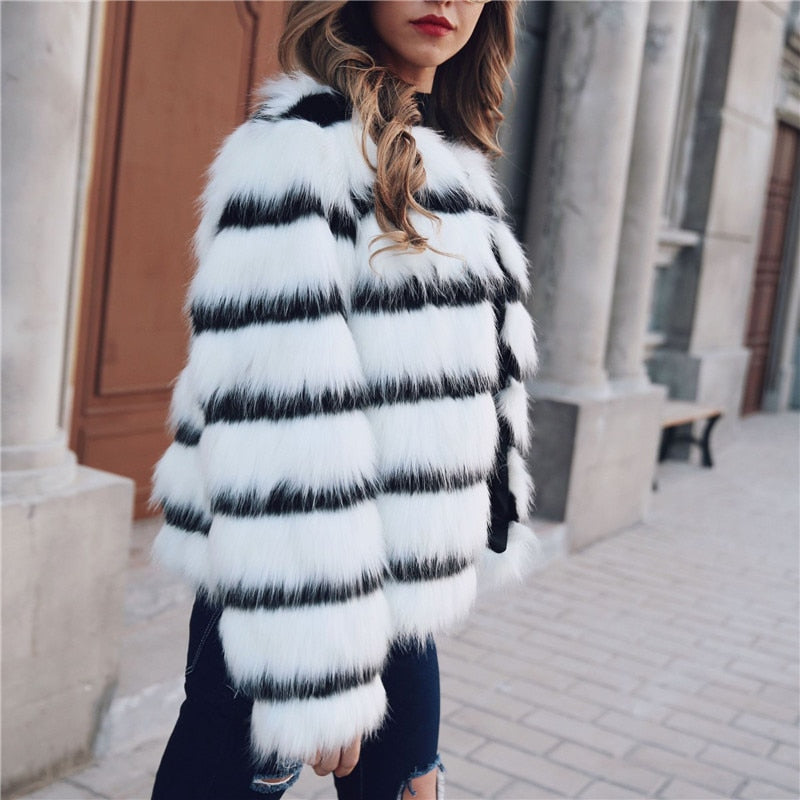 Winter Black and white striped faux fur coat fur coat