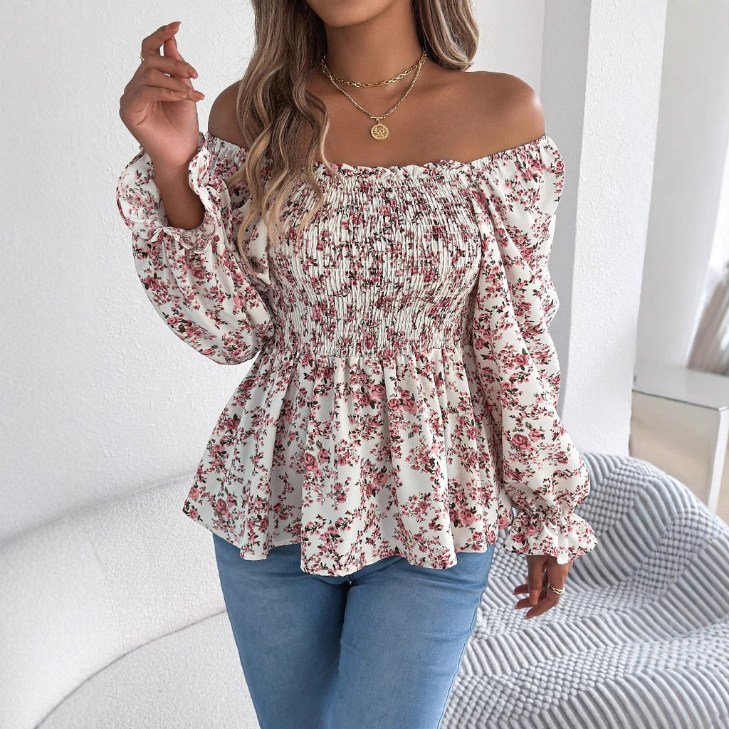 Casual Square Collar Bell Sleeve Floral Chiffon Top