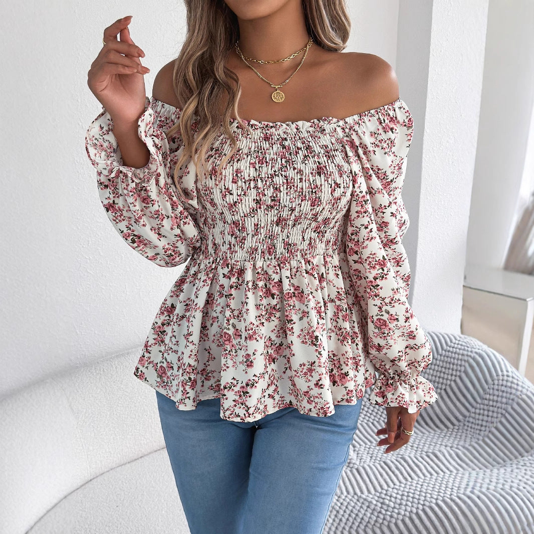 Casual Square Collar Bell Sleeve Floral Chiffon Top
