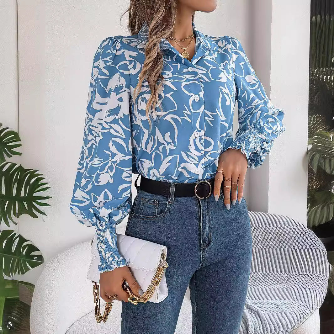 Elegant Floral Lantern Sleeve Blouse