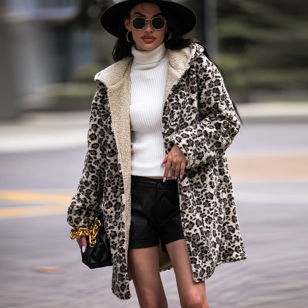 Elegant Hooded Mid Length Fluffy Leopard Cardigan