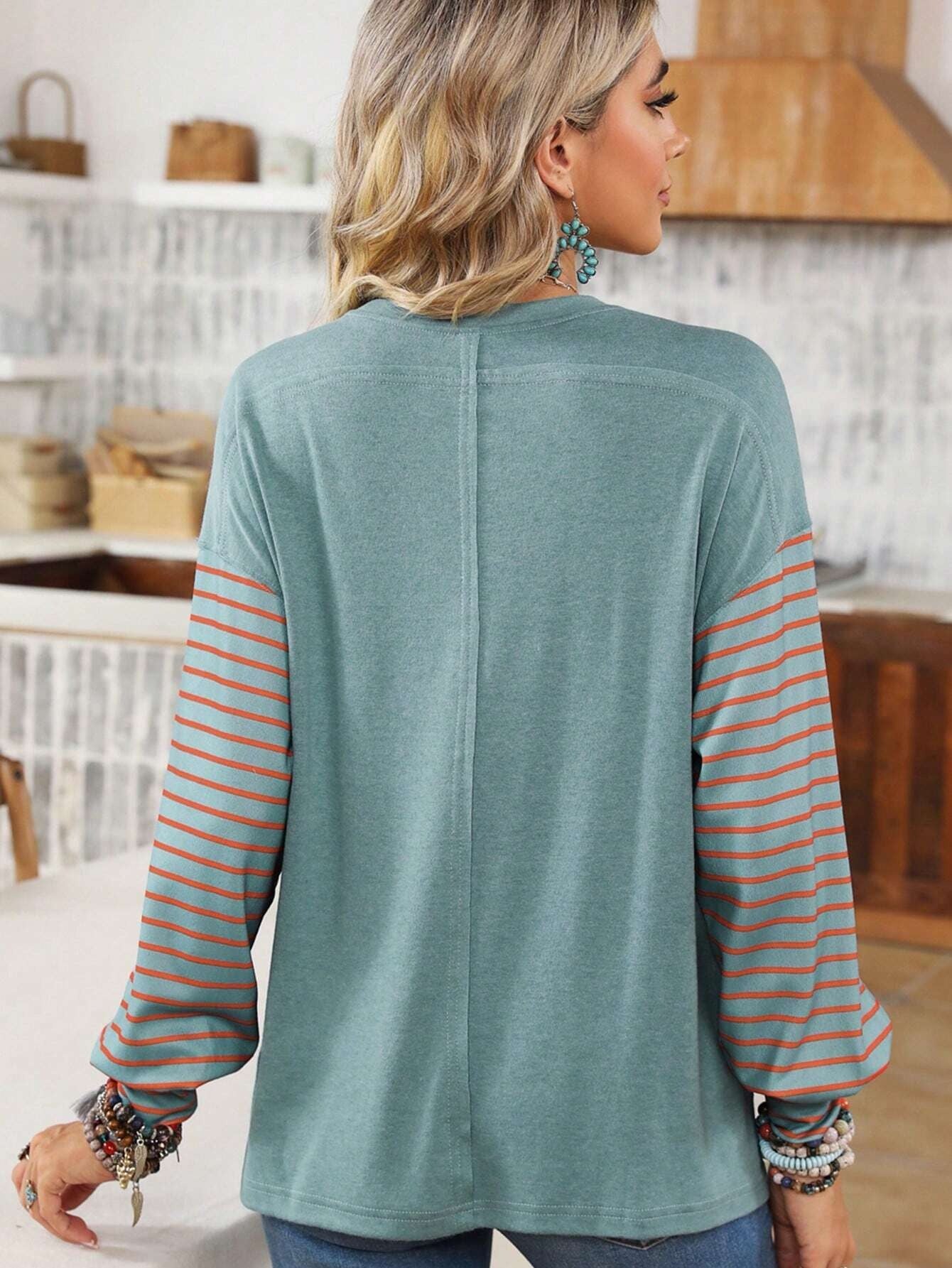 Long Sleeve Crew Neck Striped Pull Over