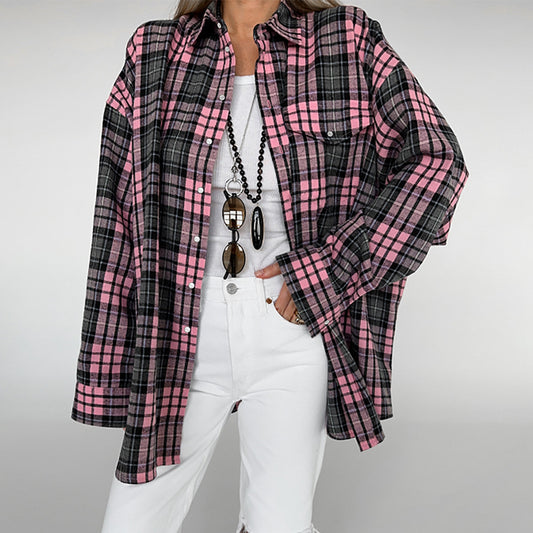 Loose Pink Plaid Long Sleeve Top