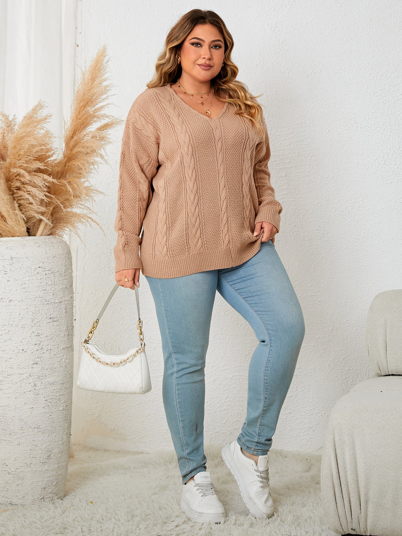 Plus Size Loose V neck Casual Long Sleeve Top