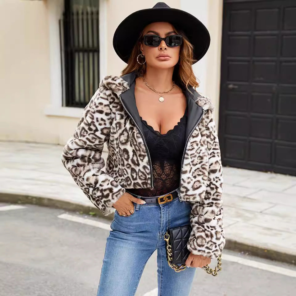 Casual Hooded Faux Fur Leopard Crop