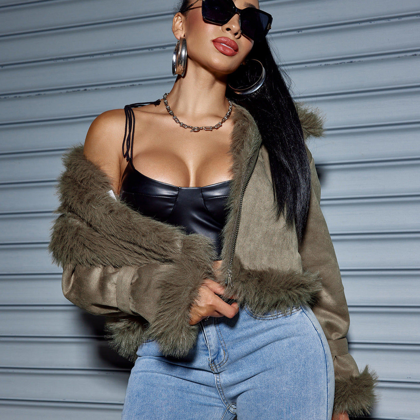 Olive Faux Fur Trim Crop