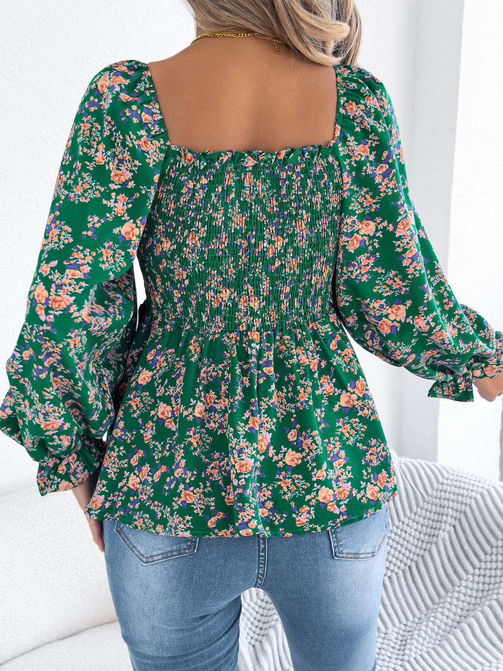 Casual Square Collar Bell Sleeve Floral Chiffon Top