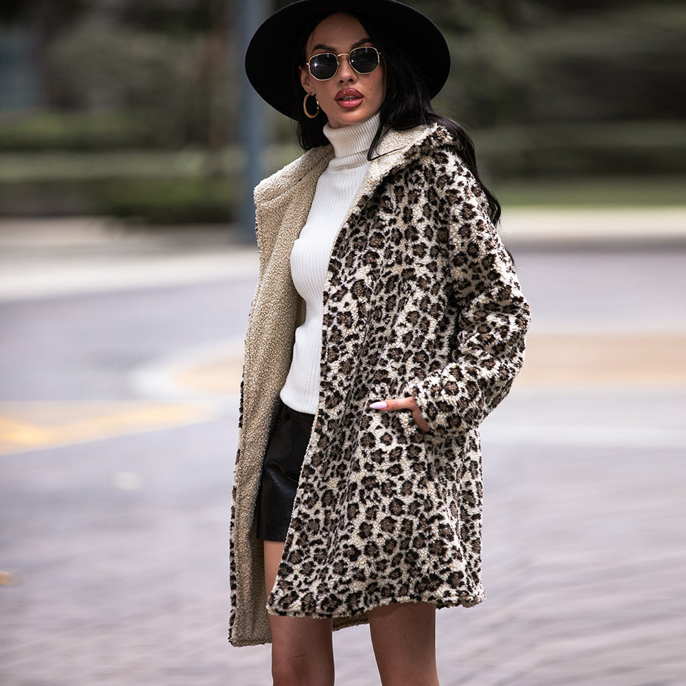 Elegant Hooded Mid Length Fluffy Leopard Cardigan