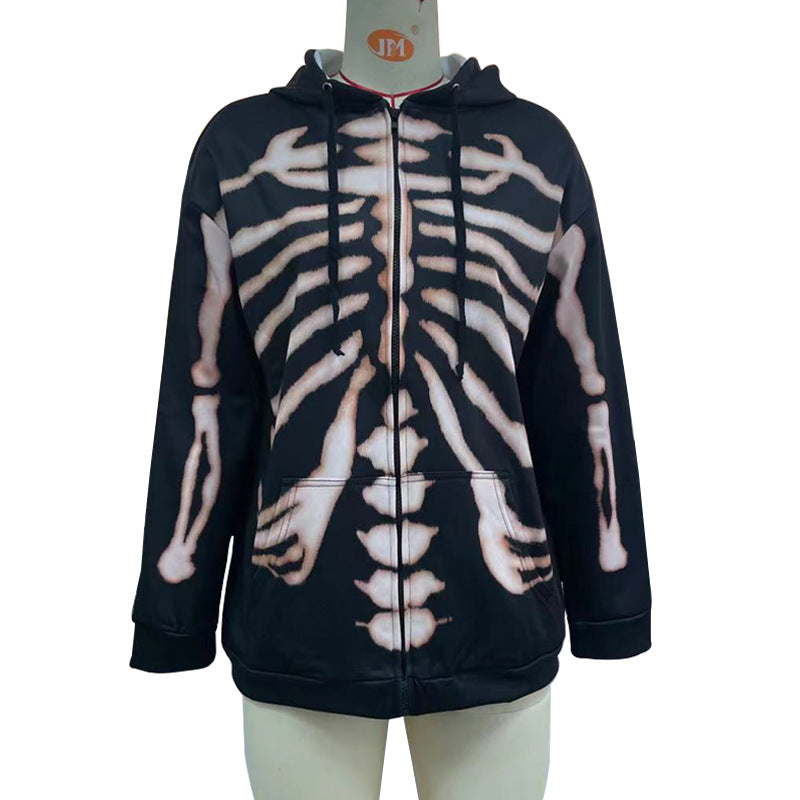 Skeleton Print Zip Hoodie