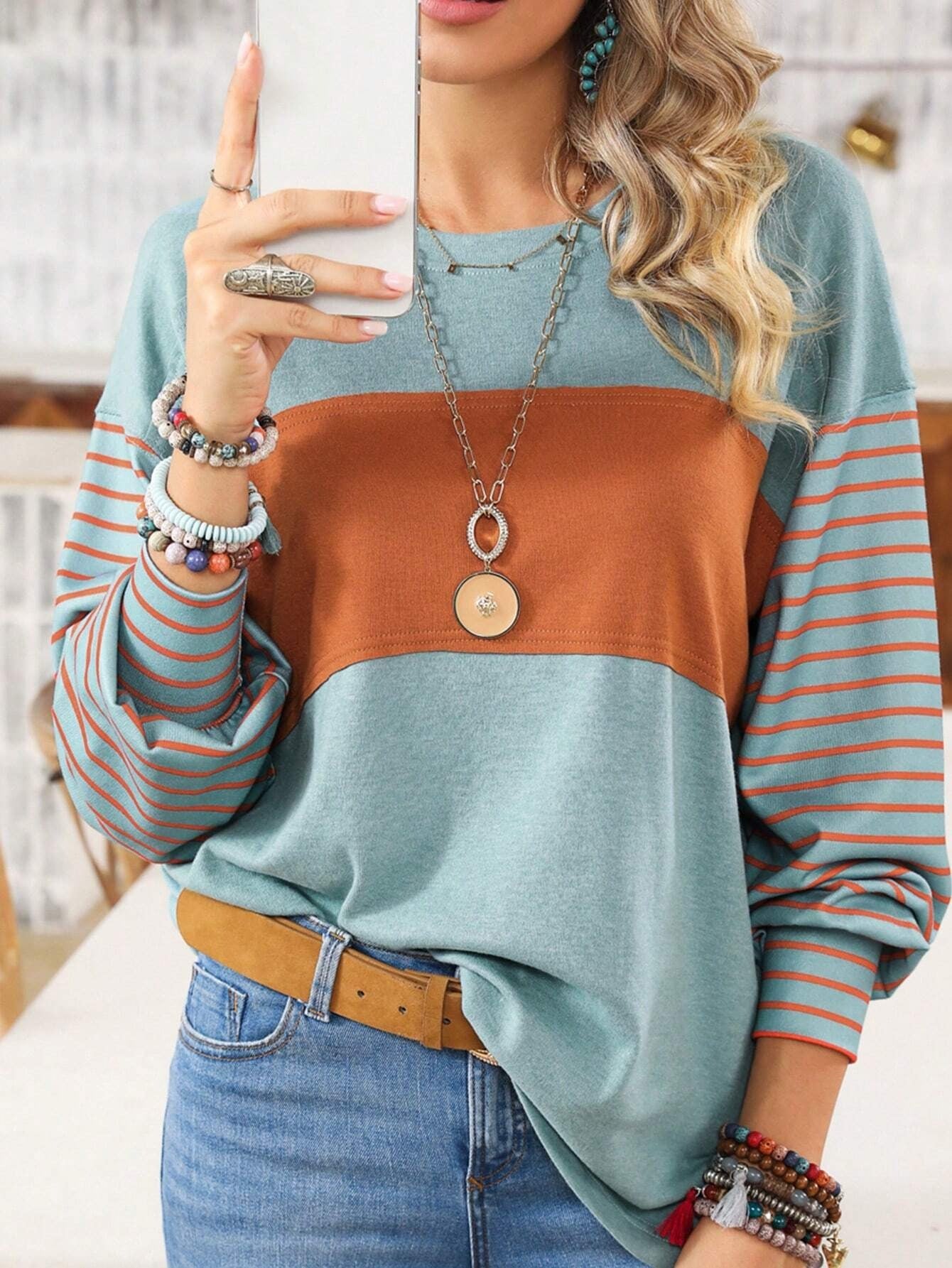 Long Sleeve Crew Neck Striped Pull Over