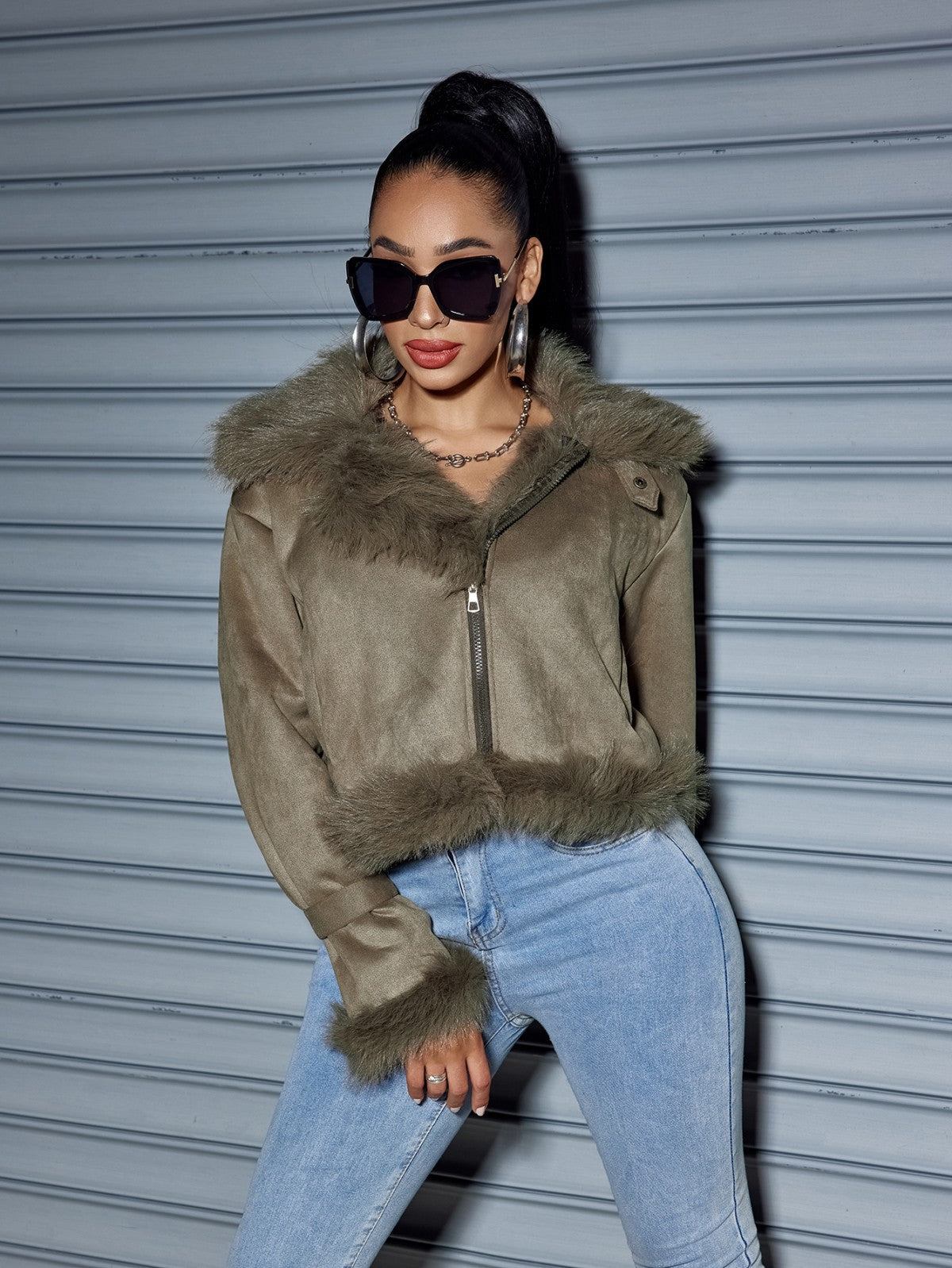 Olive Faux Fur Trim Crop