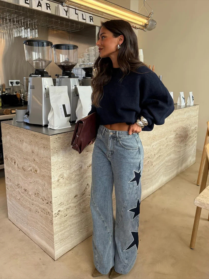 Casual Five Pointed Star Loose Straight Denim Pants