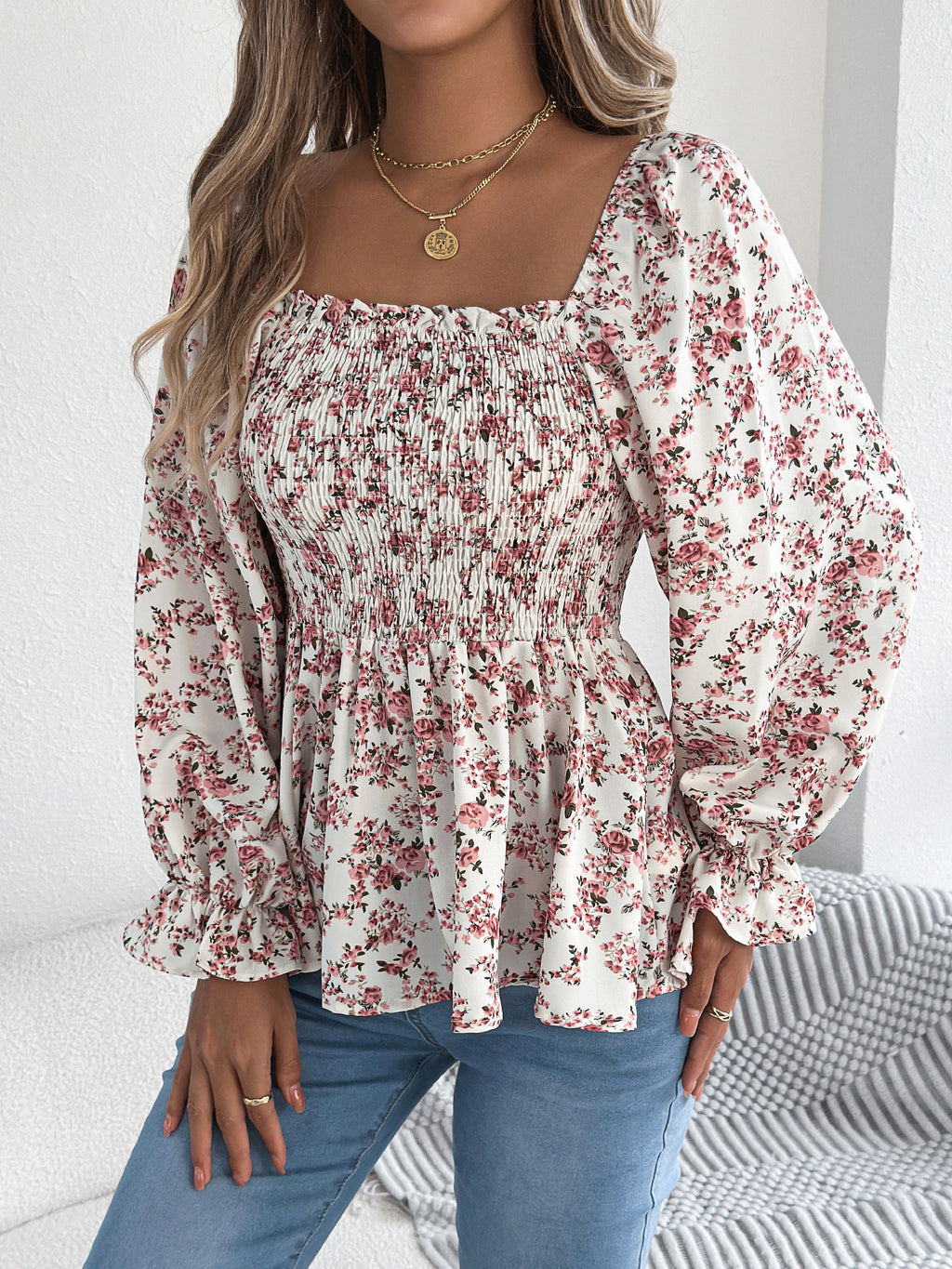 Casual Square Collar Bell Sleeve Floral Chiffon Top