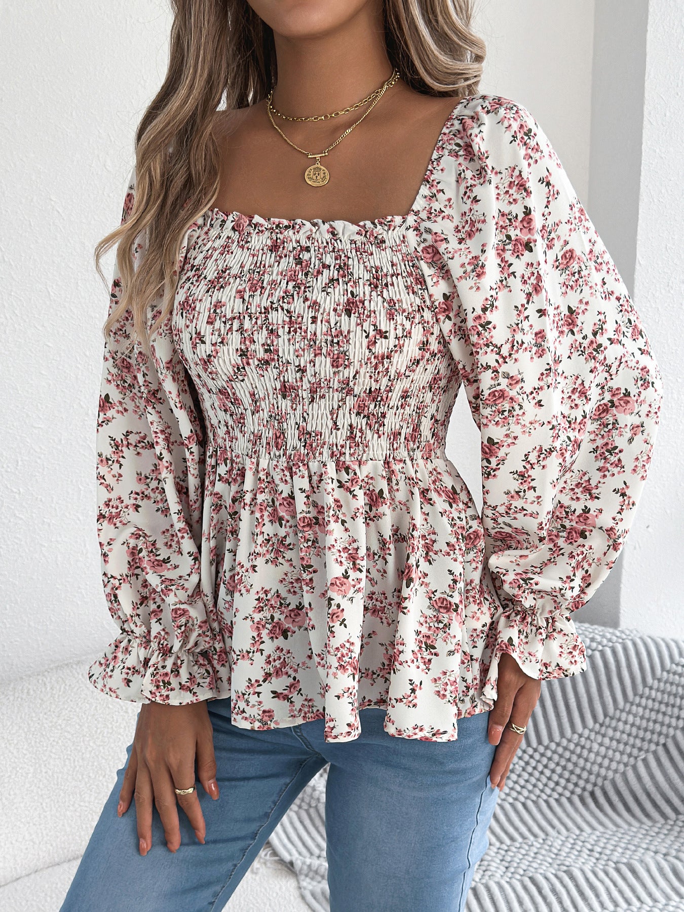 Casual Square Collar Bell Sleeve Floral Chiffon Top