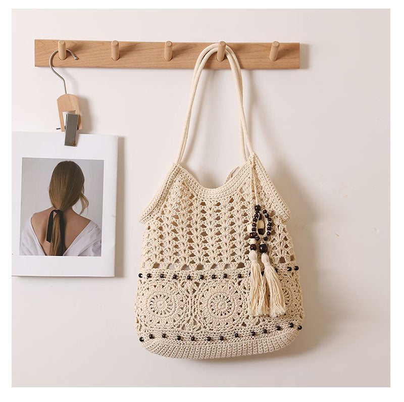 Wooden Bead Tassel Shoulder Woven Bag