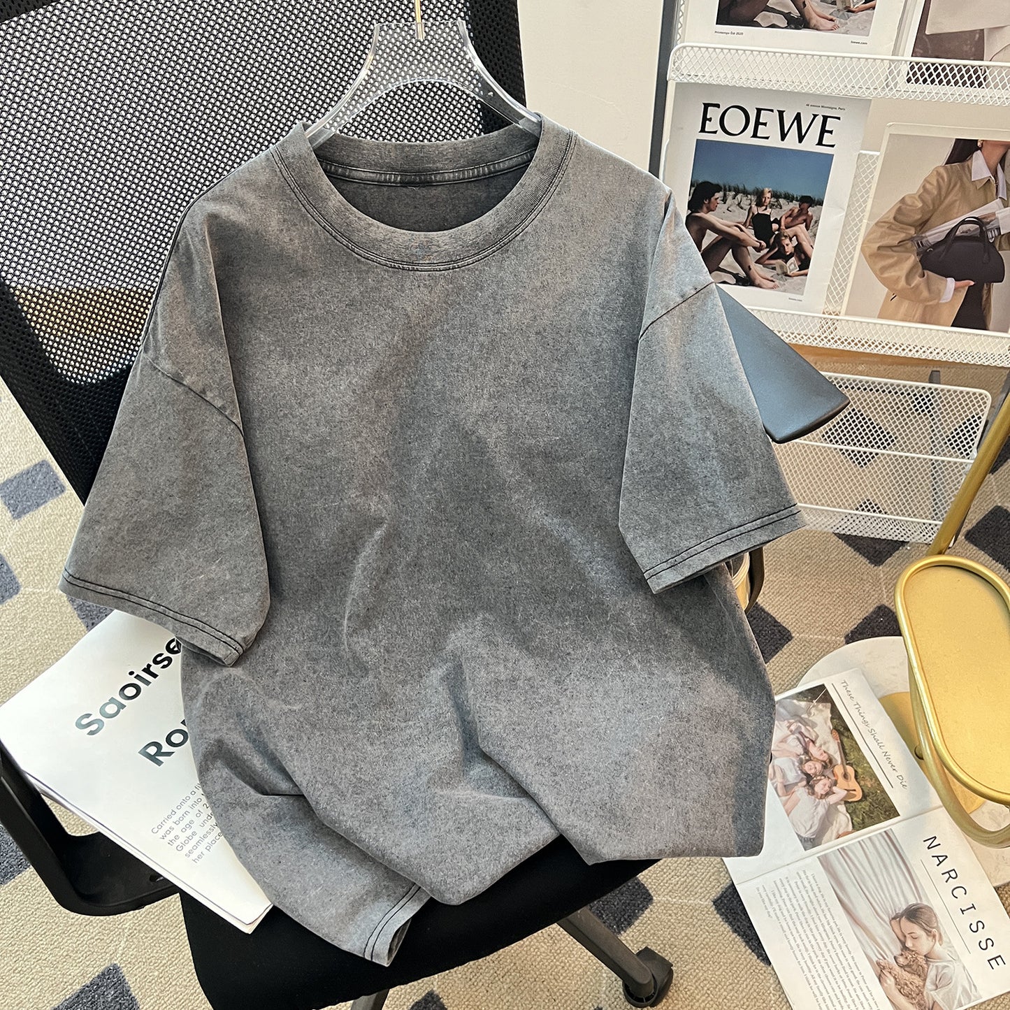 Washed Out Loose Gray Cotton Short Sleeved T