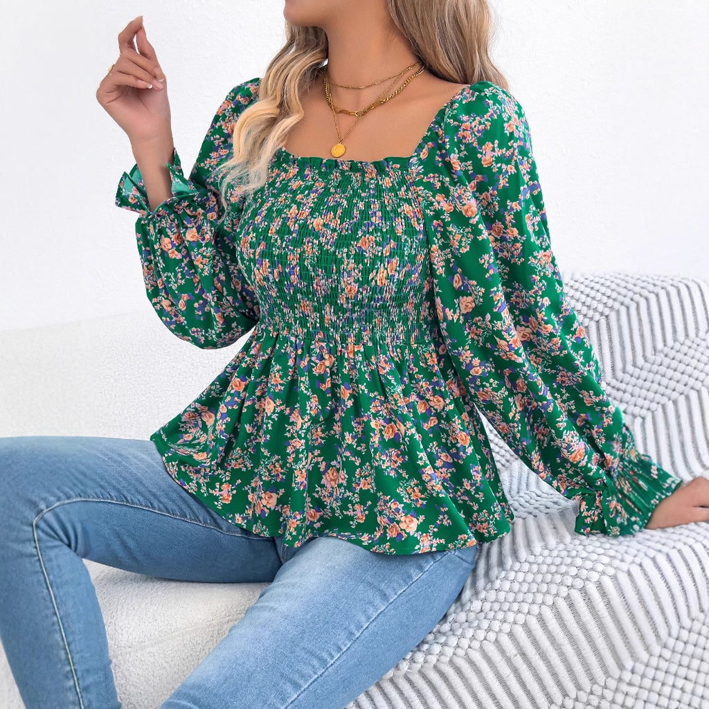 Casual Square Collar Bell Sleeve Floral Chiffon Top