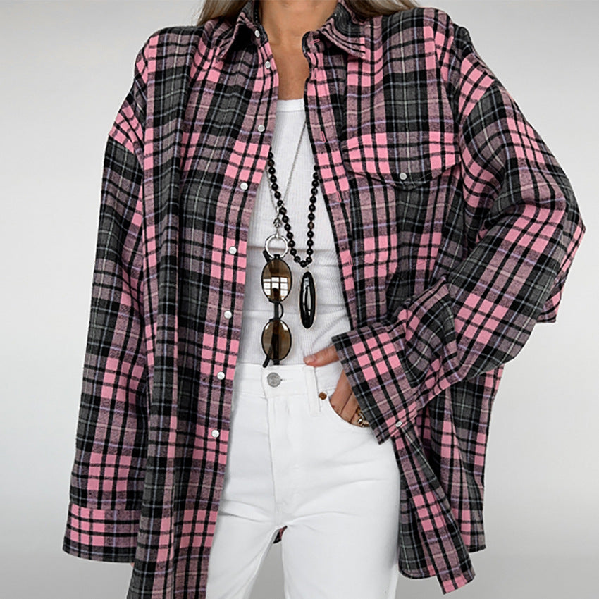 Loose Pink Plaid Long Sleeve Top