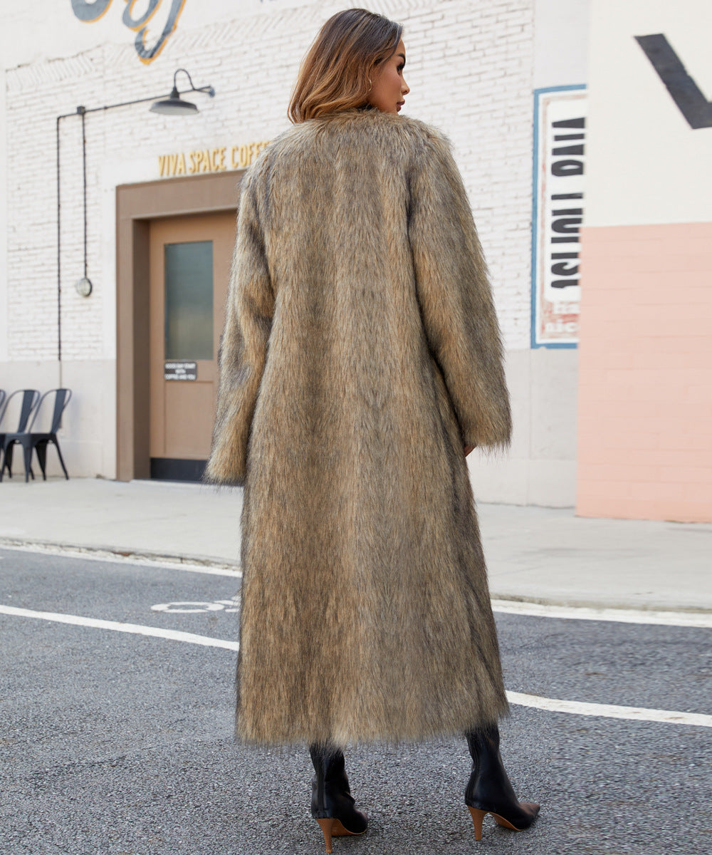 V neck Long Faux Fur Coat