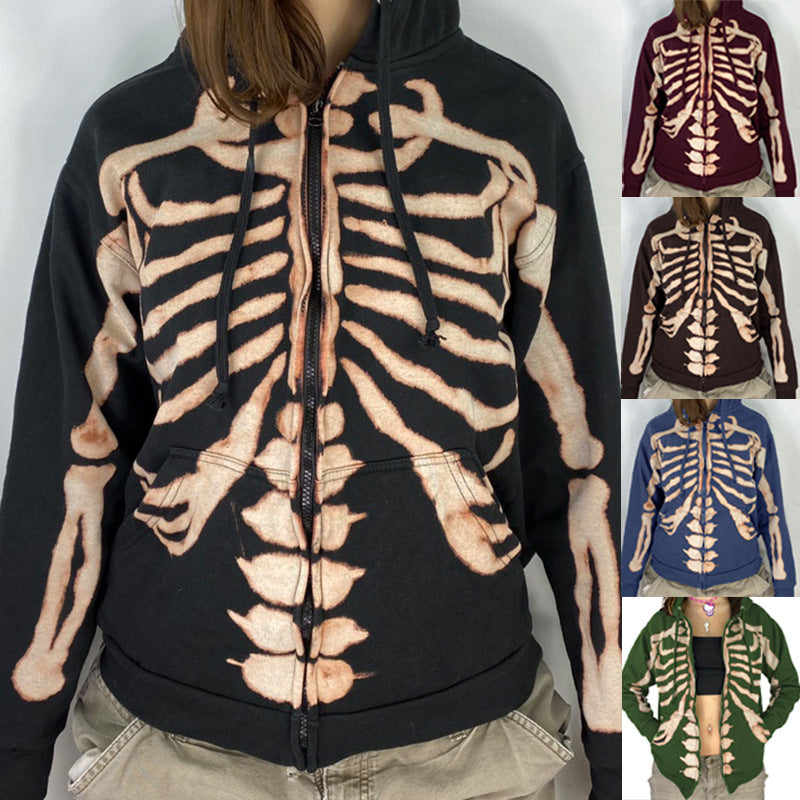 Skeleton Print Zip Hoodie