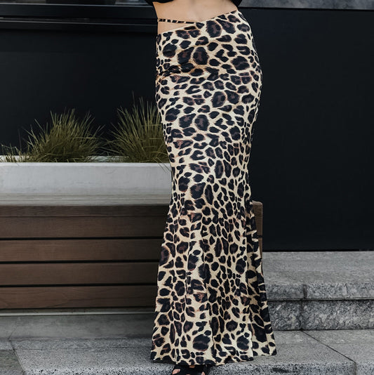 Classic Satin Leopard Fishtail Skirt