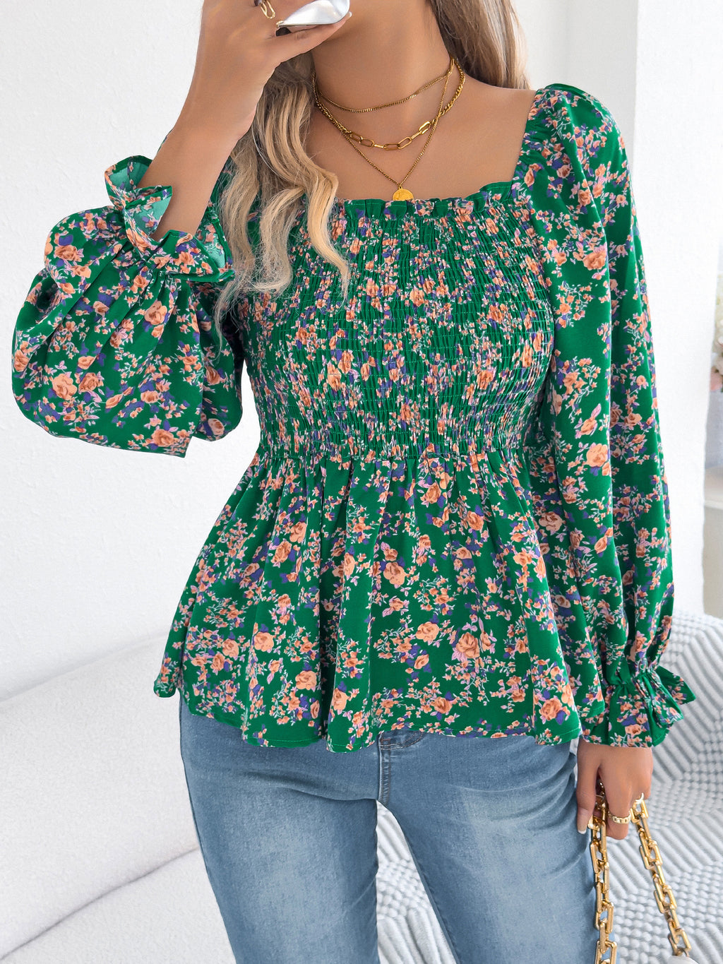 Casual Square Collar Bell Sleeve Floral Chiffon Top