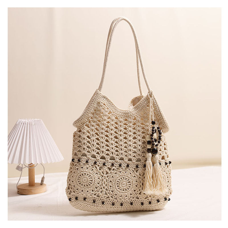 Wooden Bead Tassel Shoulder Woven Bag