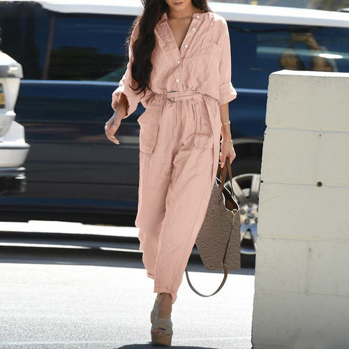 Casual Polo Collar Belted Cargo Overalls