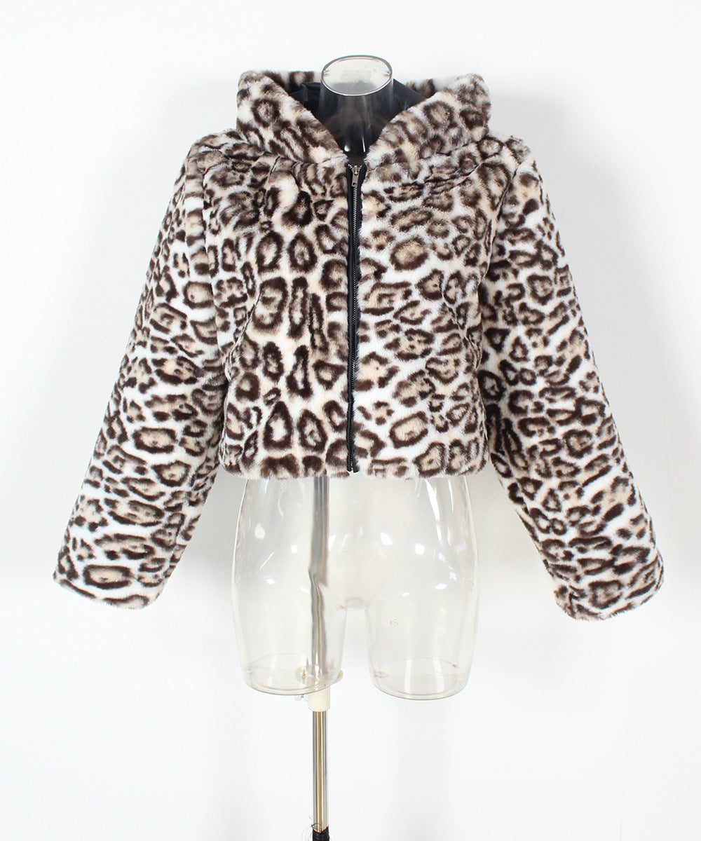 Casual Hooded Faux Fur Leopard Crop