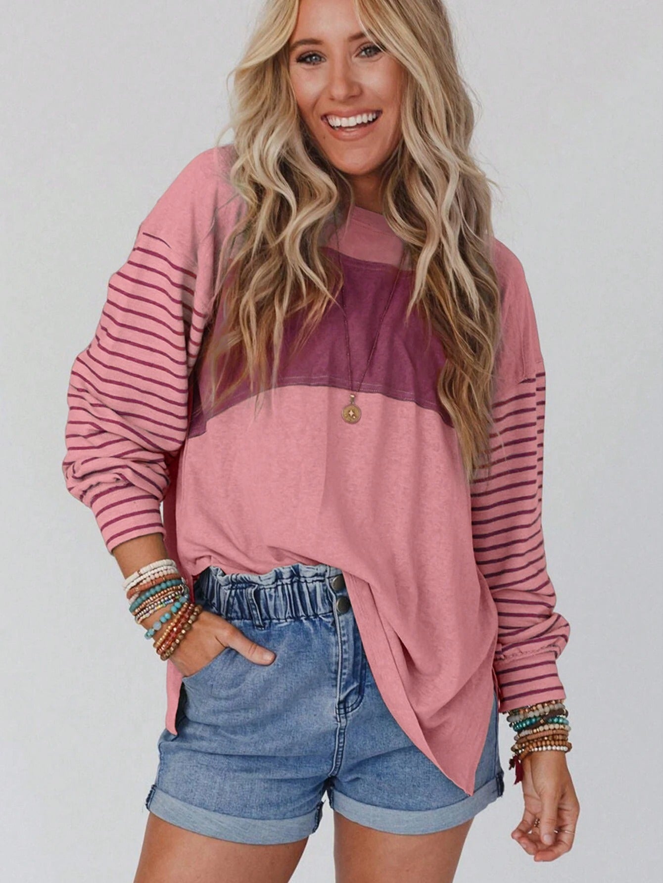 Long Sleeve Crew Neck Striped Pull Over