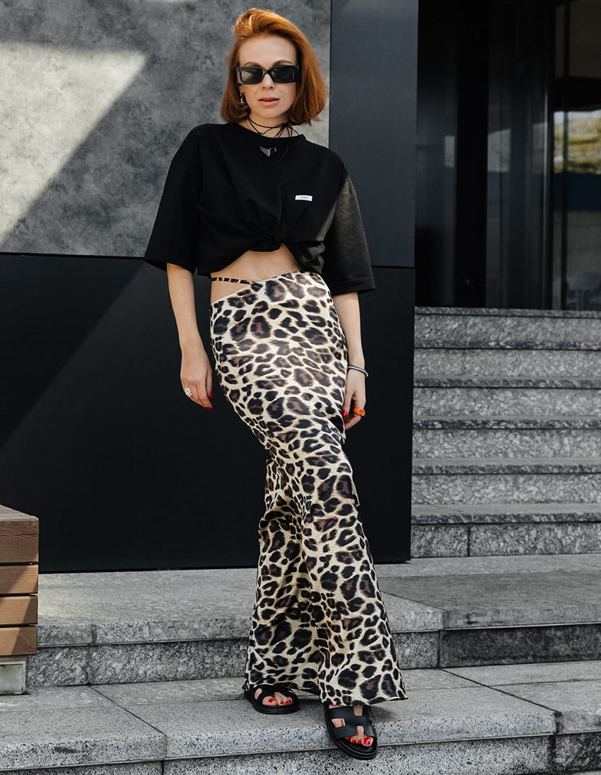 Classic Satin Leopard Fishtail Skirt