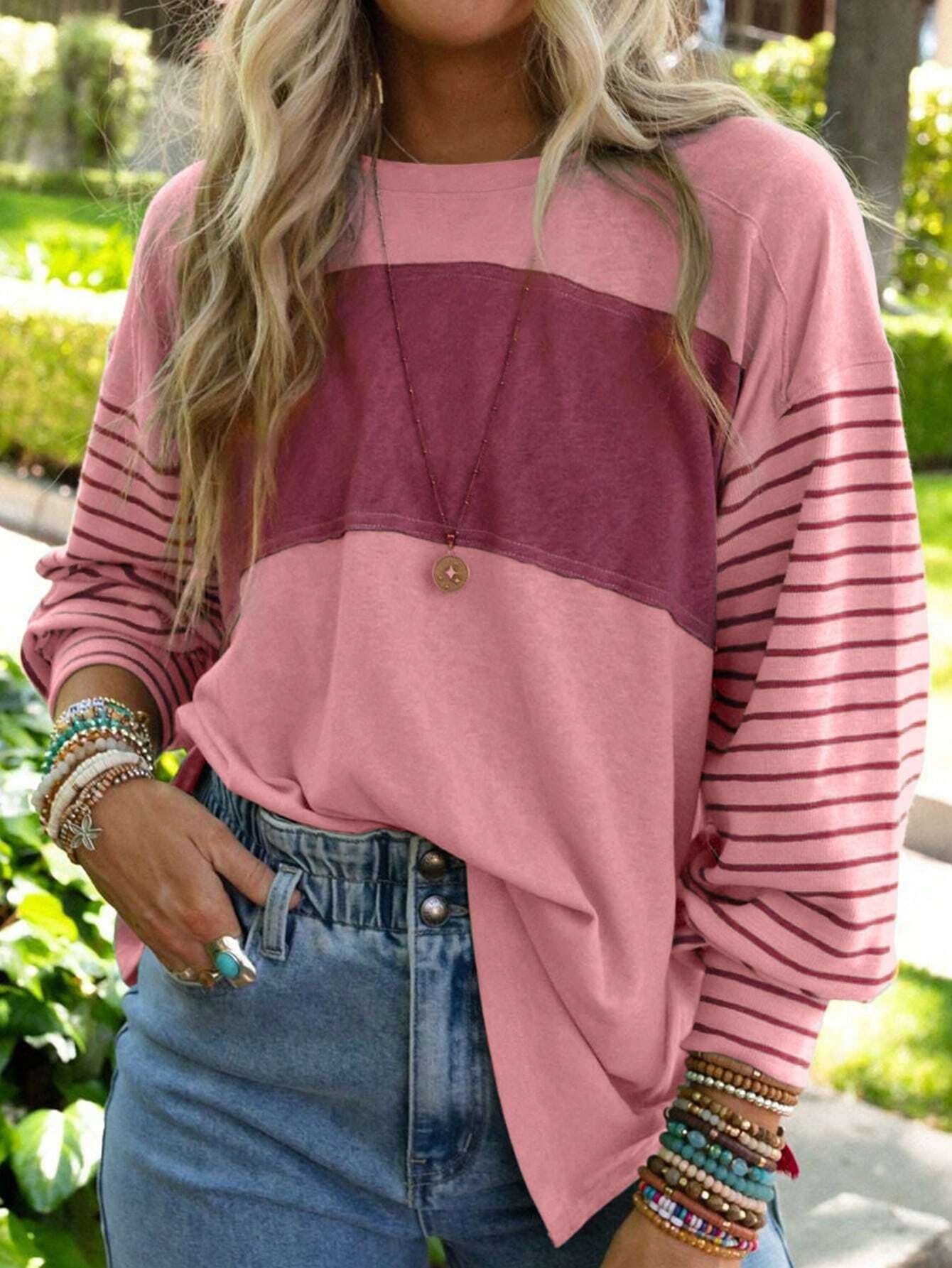 Long Sleeve Crew Neck Striped Pull Over