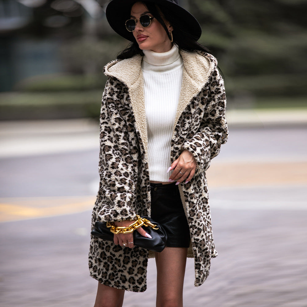 Elegant Hooded Mid Length Fluffy Leopard Cardigan