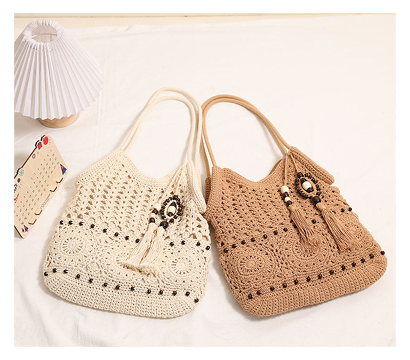 Wooden Bead Tassel Shoulder Woven Bag